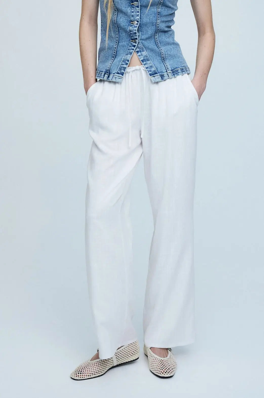 Relaxed Fit White Linen Drawstring Pants