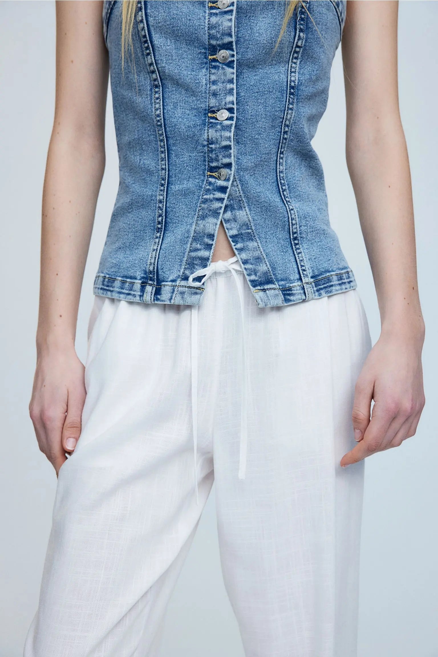 Relaxed Fit White Linen Drawstring Pants