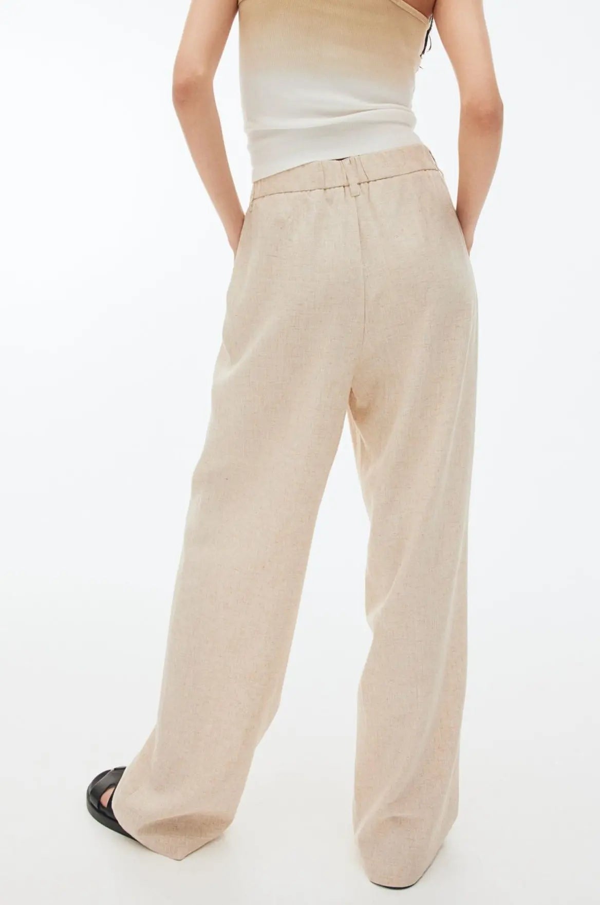 Natural Beige Linen Blend Wide-Leg Trousers