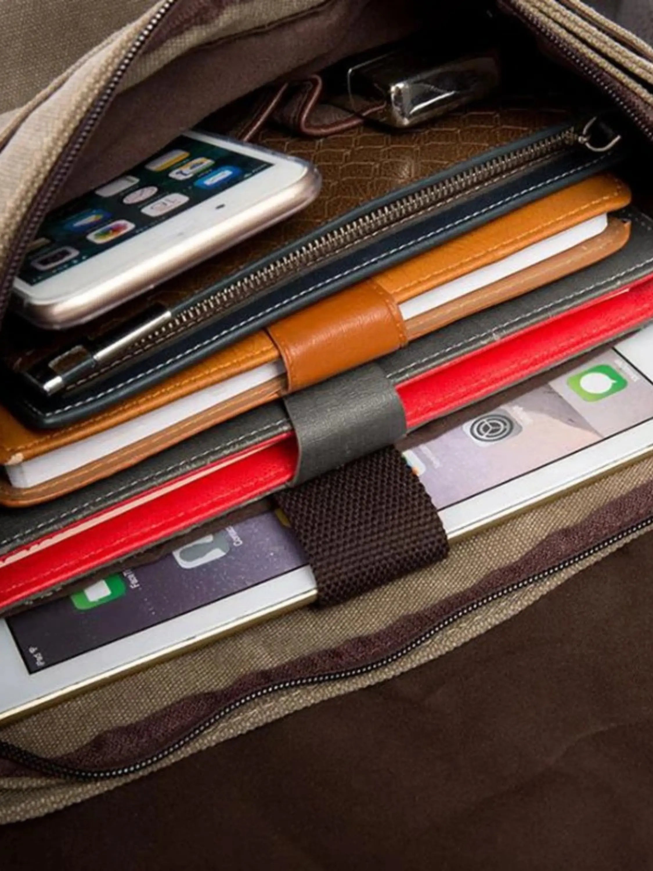 Beige Canvas Messenger Bag with Faux Leather Straps