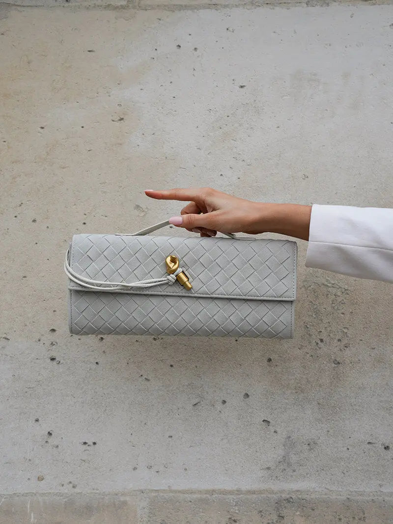 Woven Suede Envelope Bag with Gold Accent – Chic and Refined