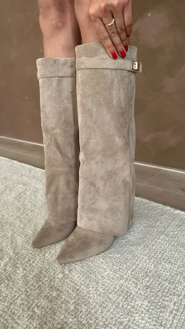 Black and Taupe Wide-Leg Boots - Chic and Contemporary