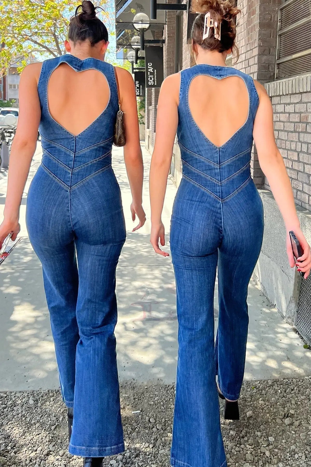 Vintage-Inspired Denim Jumpsuit with Deep V-Neck