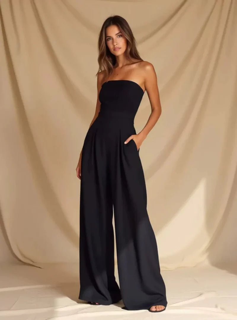 Elegant Strapless Wide Leg Jumpsuit for Women – Navy Blue, Black & Beige