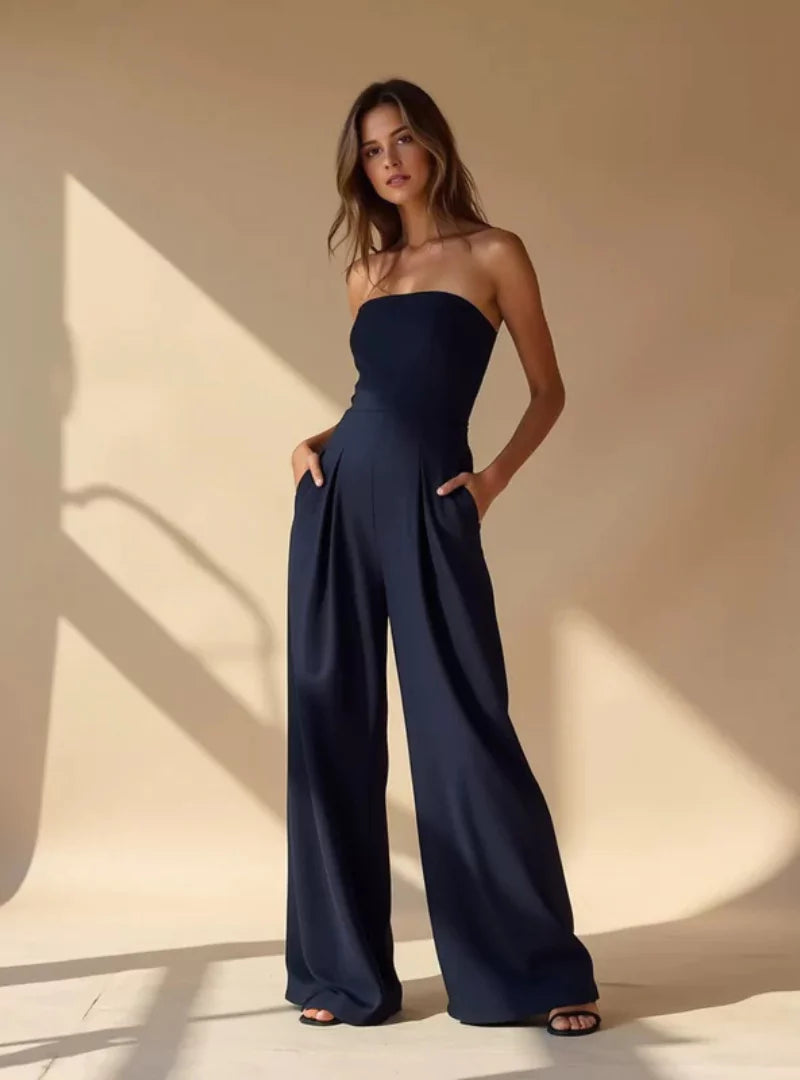 Elegant Strapless Wide Leg Jumpsuit for Women – Navy Blue, Black & Beige