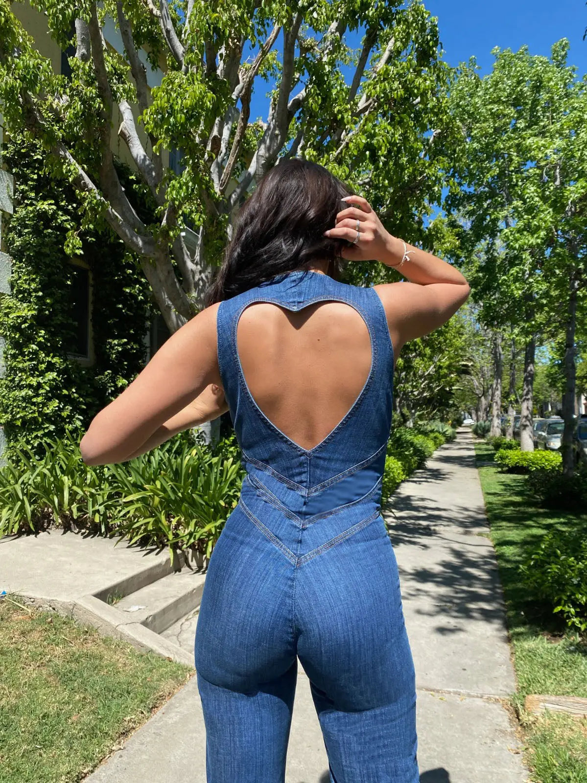Vintage-Inspired Denim Jumpsuit with Deep V-Neck