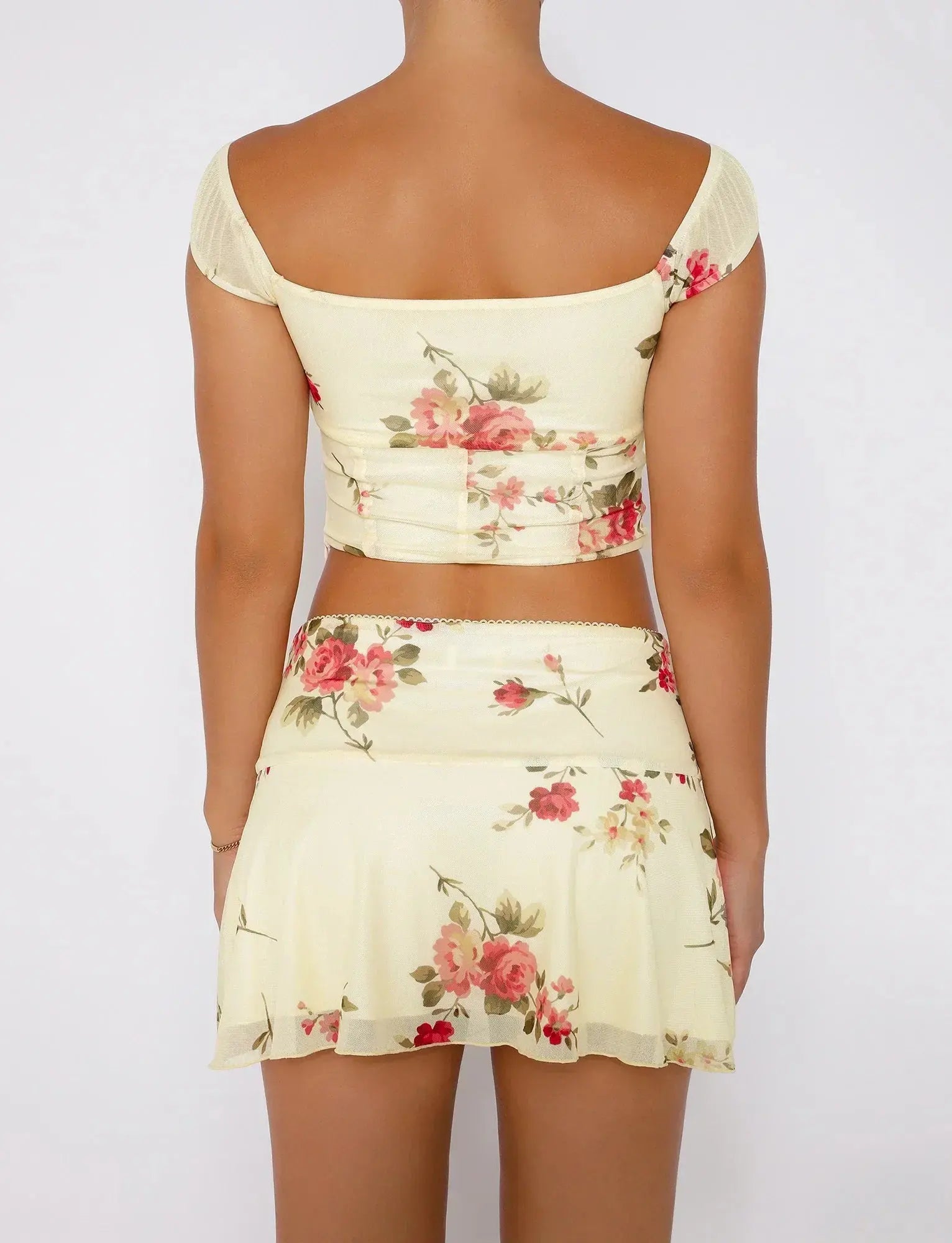 Floral Two-Piece Set with Ruched Crop Top and Flowy Mini Skirt