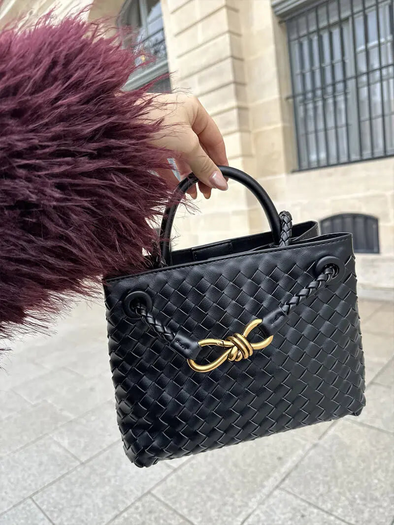 Black Woven Mini Tote Bag with Gold Accent