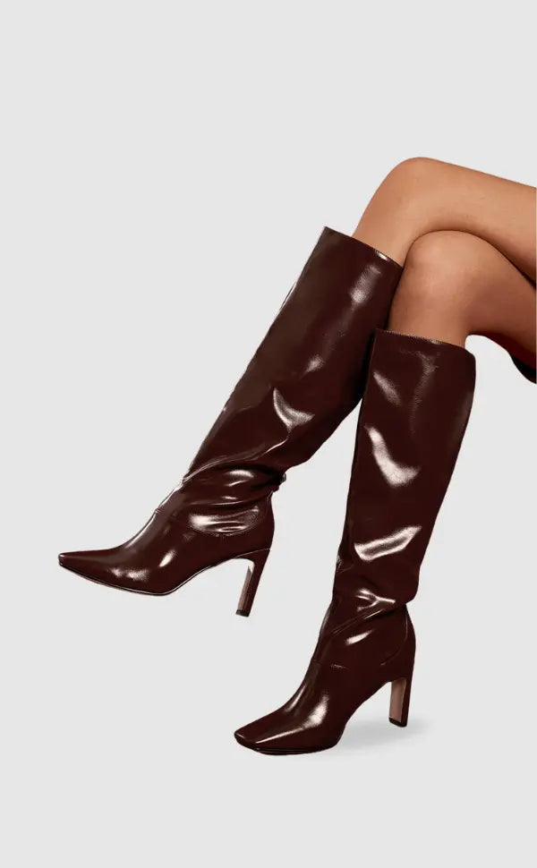 High-Heeled Slouchy Knee burgundy Boots - Bold and Glamorous
