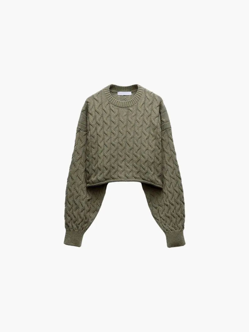 Olive Cropped Cable Knit Sweater
