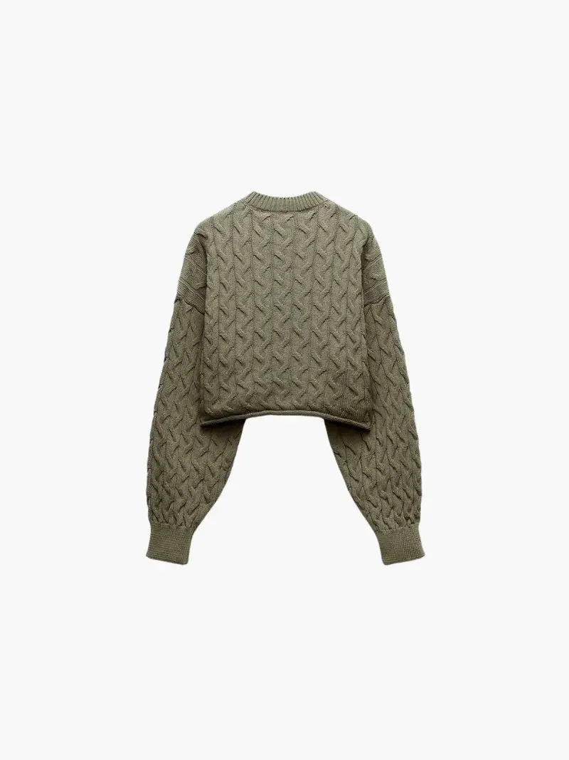 Olive Cropped Cable Knit Sweater