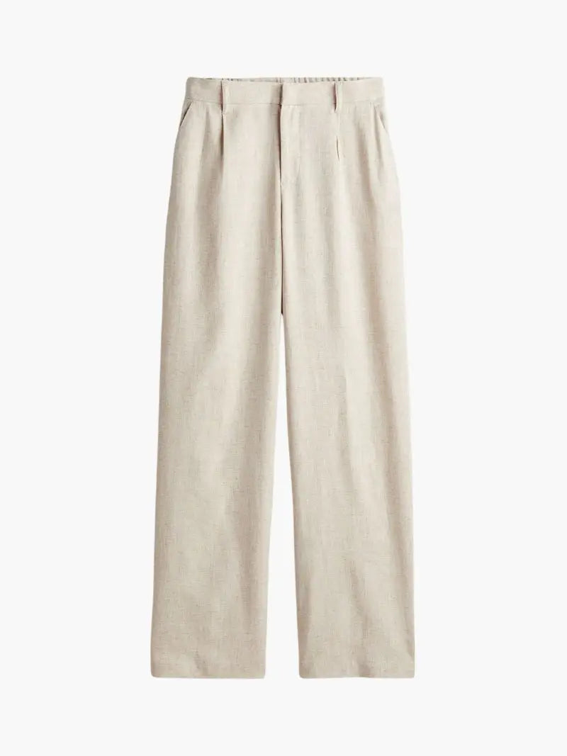 Natural Beige Linen Blend Wide-Leg Trousers