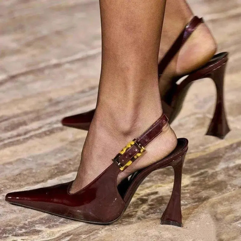 Glossy Pointed-Toe Slingback Heels