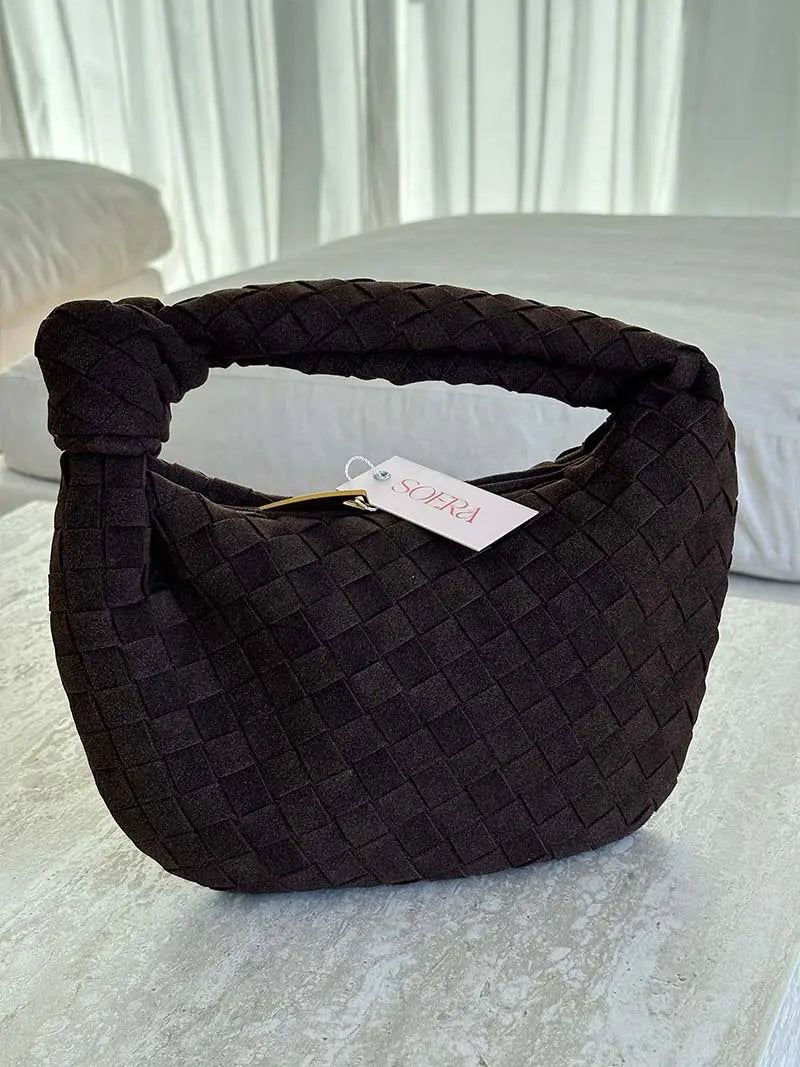 Woven Suede Mini Knot Bag in Chocolate Brown