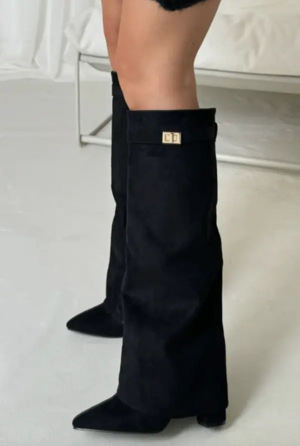 Black and Taupe Wide-Leg Boots - Chic and Contemporary