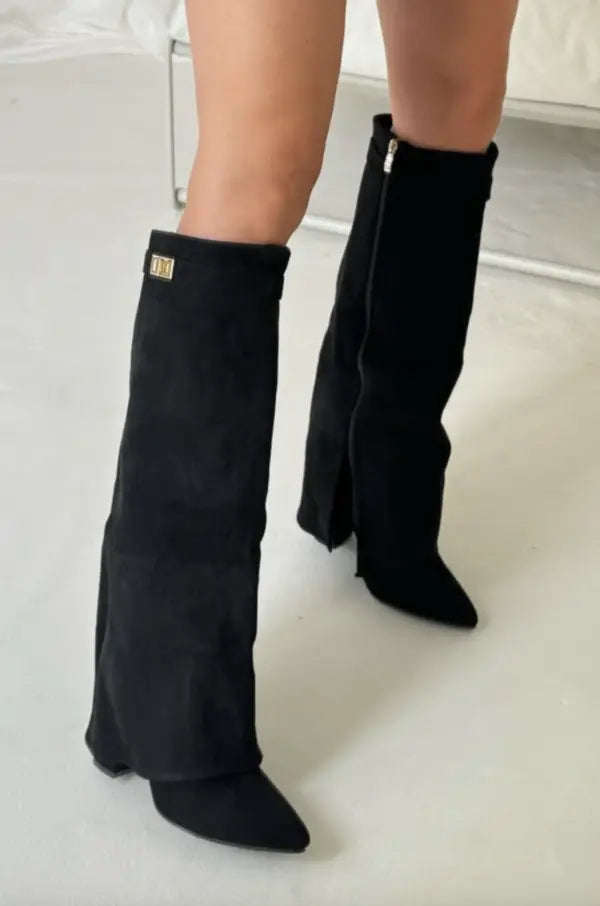 Black and Taupe Wide-Leg Boots - Chic and Contemporary