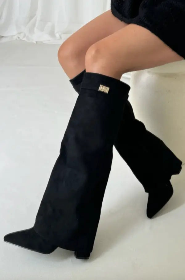 Black and Taupe Wide-Leg Boots - Chic and Contemporary
