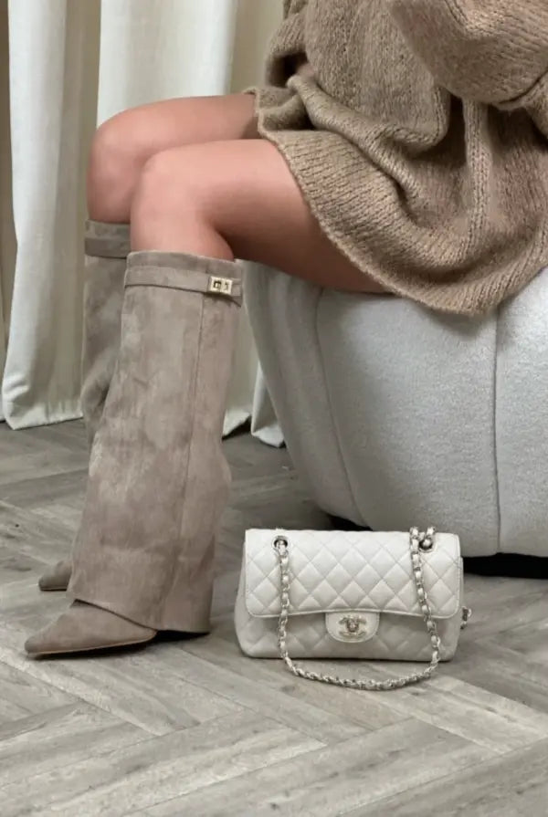 Black and Taupe Wide-Leg Boots - Chic and Contemporary