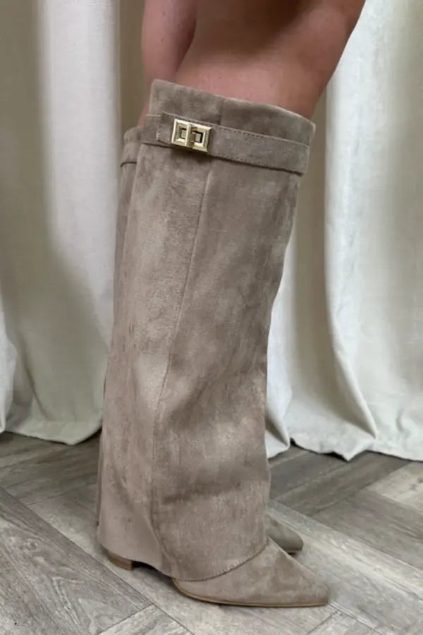 Black and Taupe Wide-Leg Boots - Chic and Contemporary