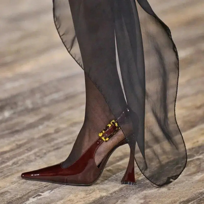 Glossy Pointed-Toe Slingback Heels