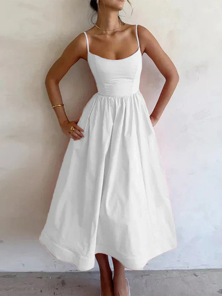 Women’s A-Line Midi Summer Dress – Spaghetti Strap Flowy Sundress