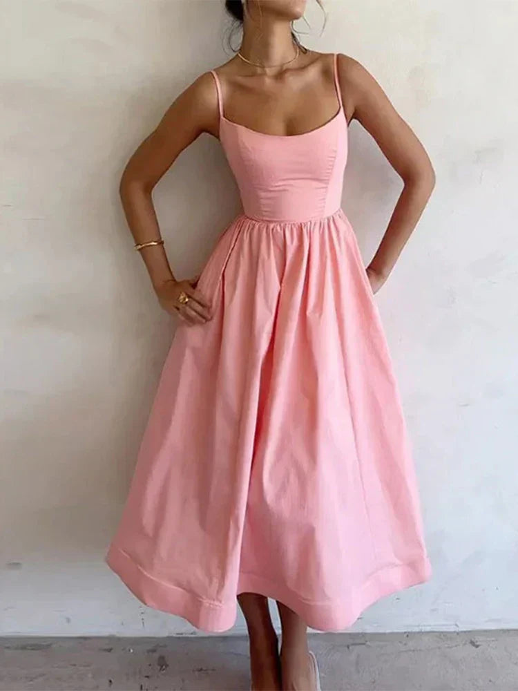 Women’s A-Line Midi Summer Dress – Spaghetti Strap Flowy Sundress