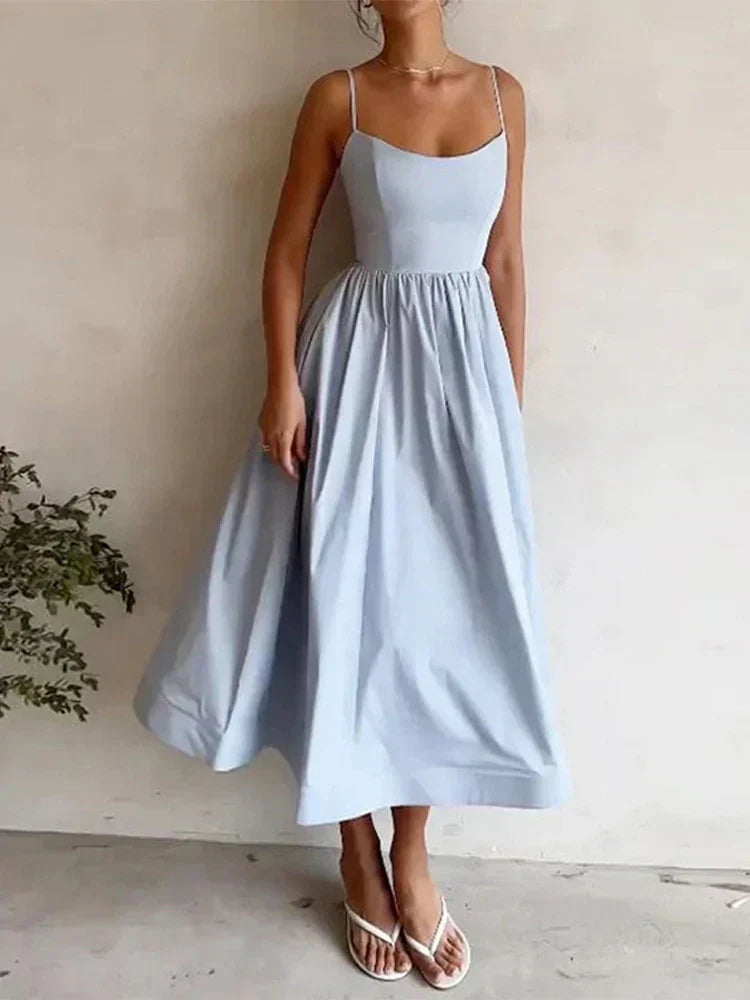 Women’s A-Line Midi Summer Dress – Spaghetti Strap Flowy Sundress