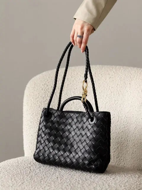 Black Woven Mini Tote Bag with Gold Accent