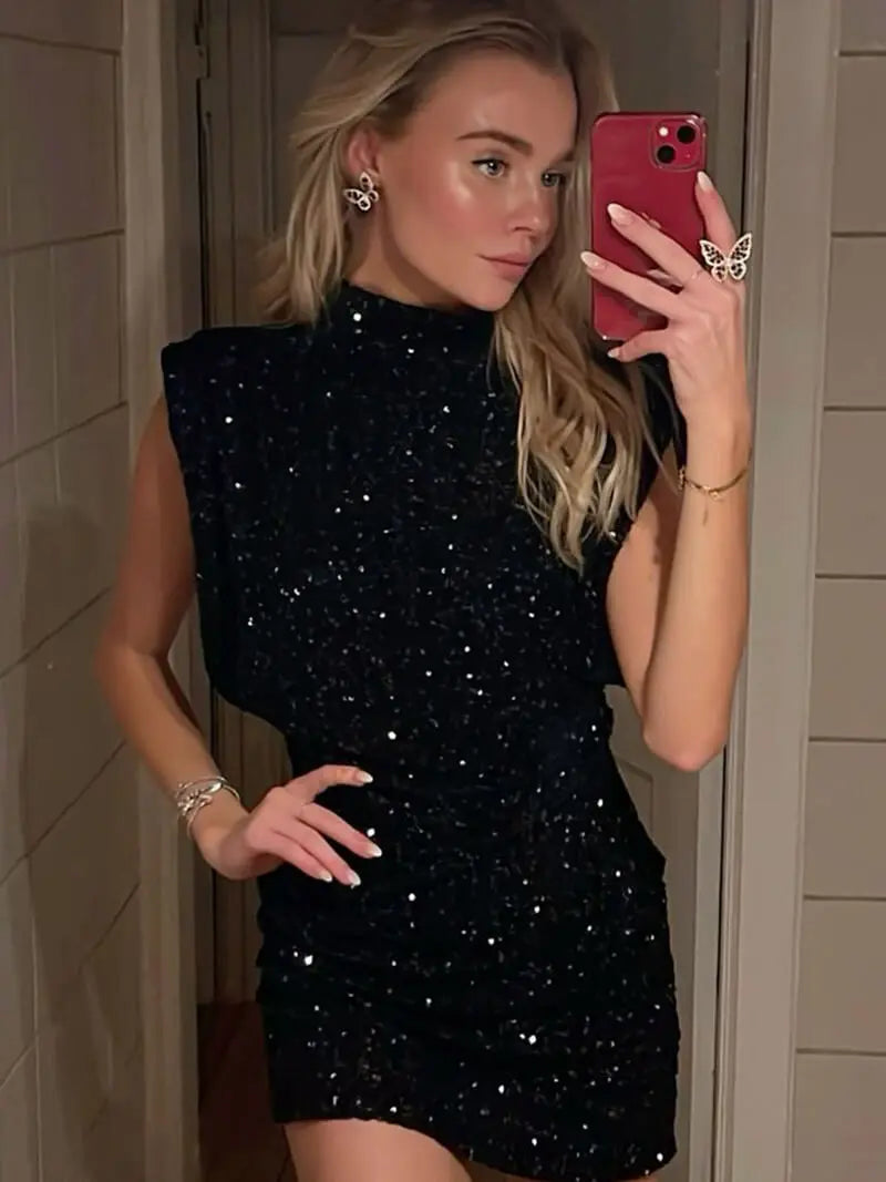 Velvet Sequin Mini Dress with Padded Shoulders