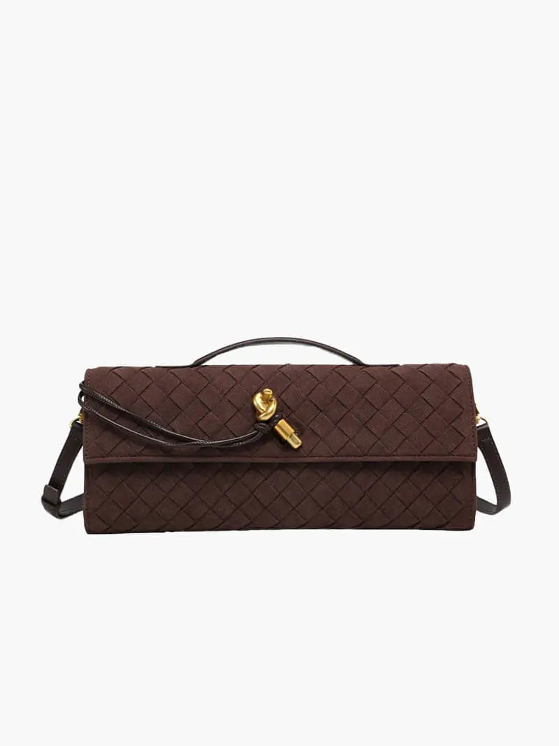 Woven Suede Envelope Bag with Gold Accent – Chic and Refined