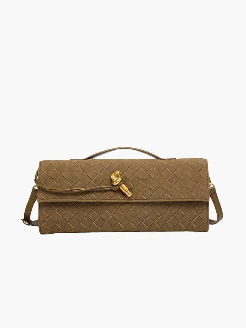 Woven Suede Envelope Bag with Gold Accent – Chic and Refined