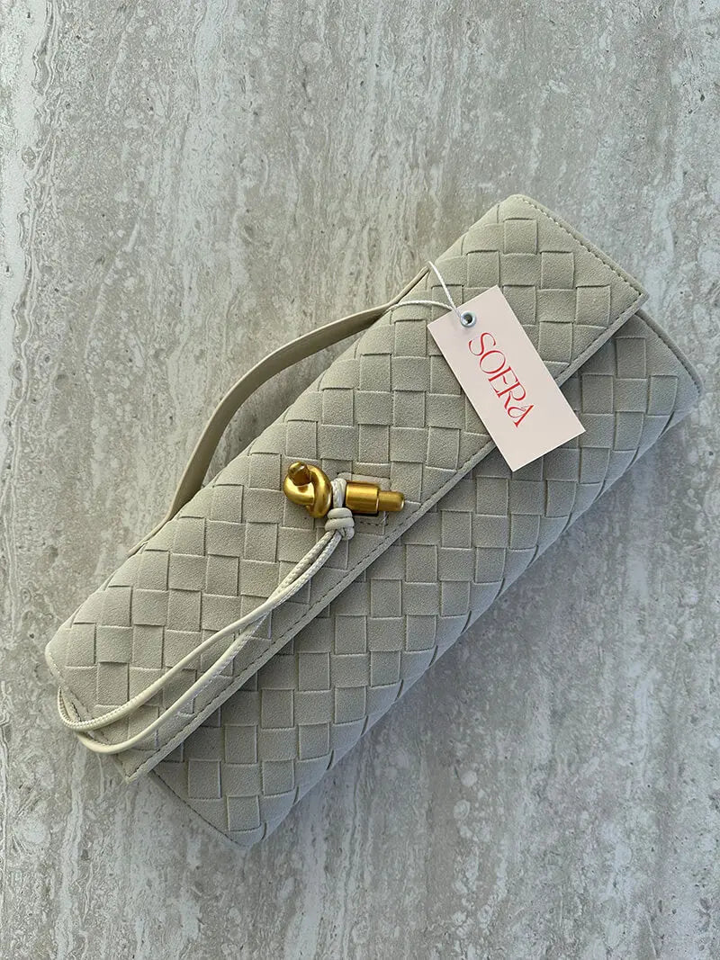 Woven Suede Envelope Bag with Gold Accent – Chic and Refined
