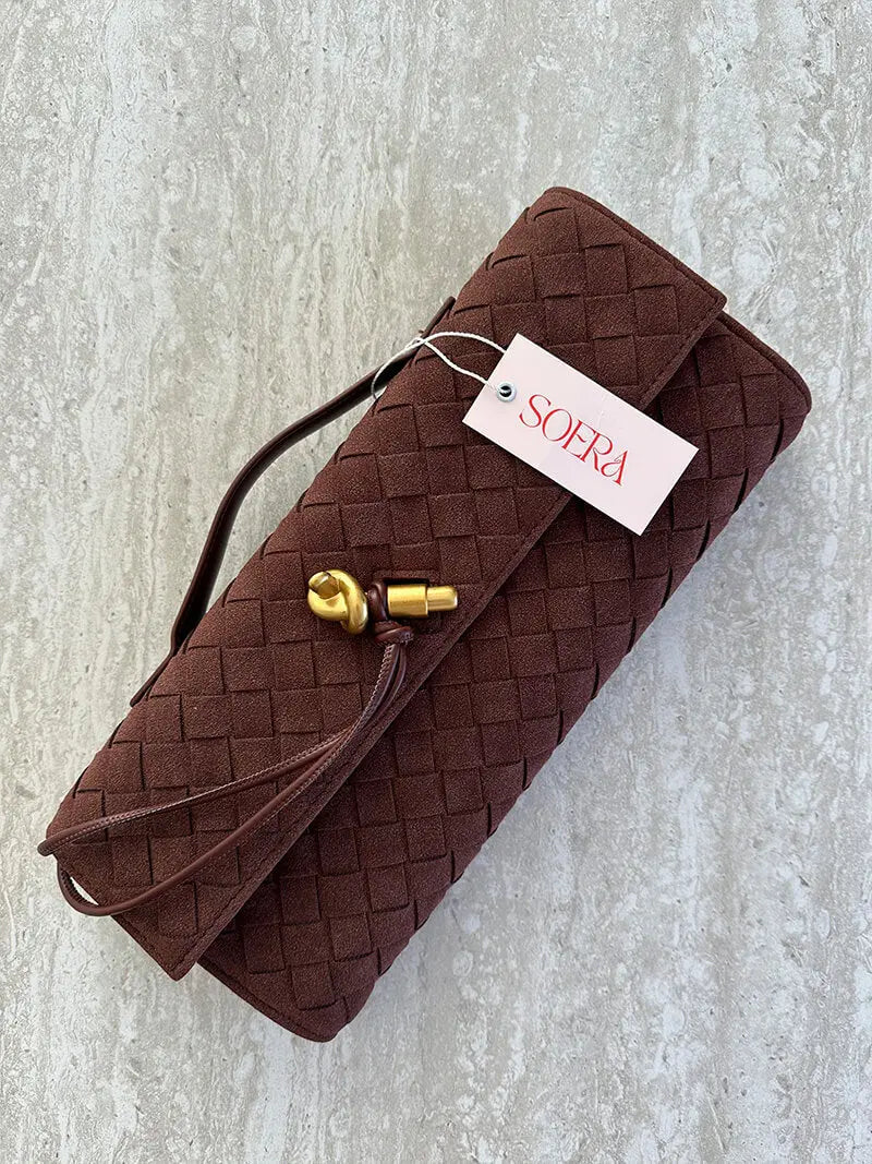 Woven Suede Envelope Bag with Gold Accent – Chic and Refined