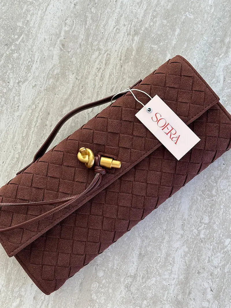 Woven Suede Envelope Bag with Gold Accent – Chic and Refined