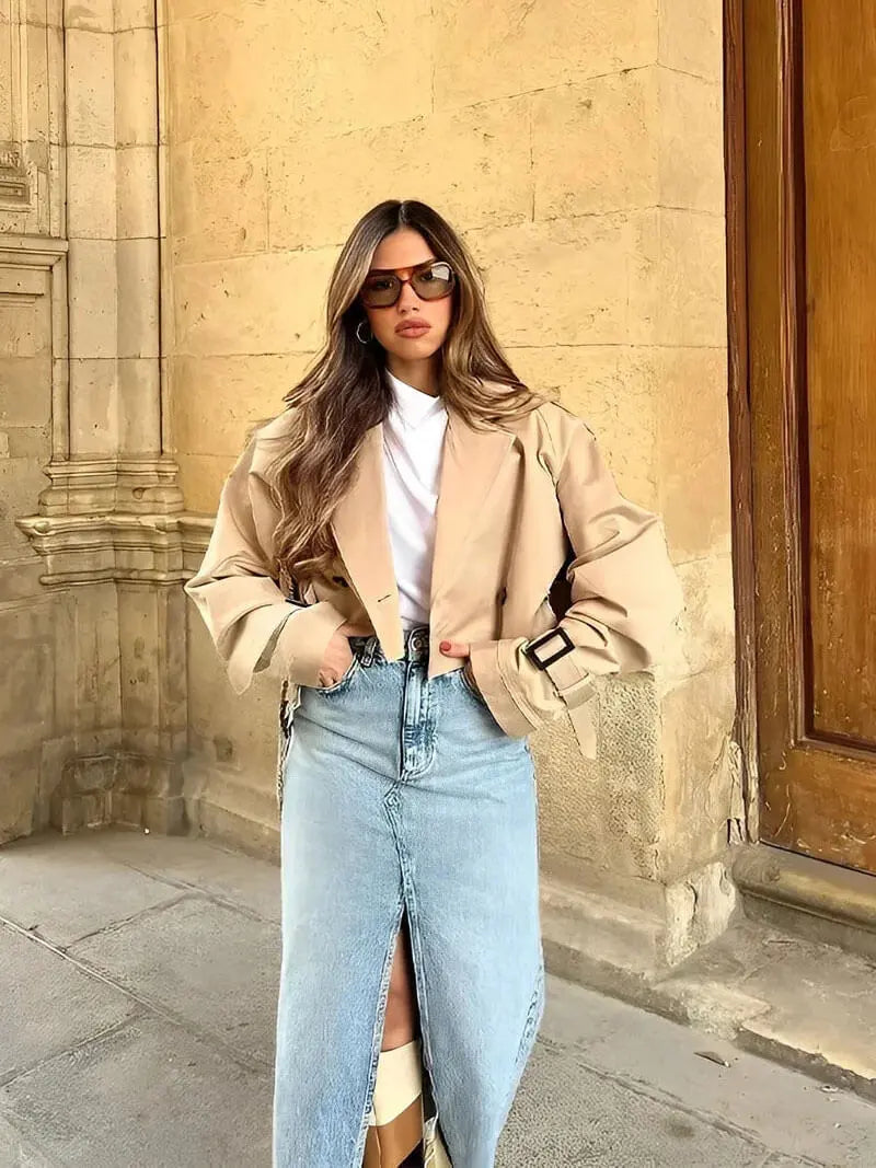 Modern Cropped Trench Coat in Beige