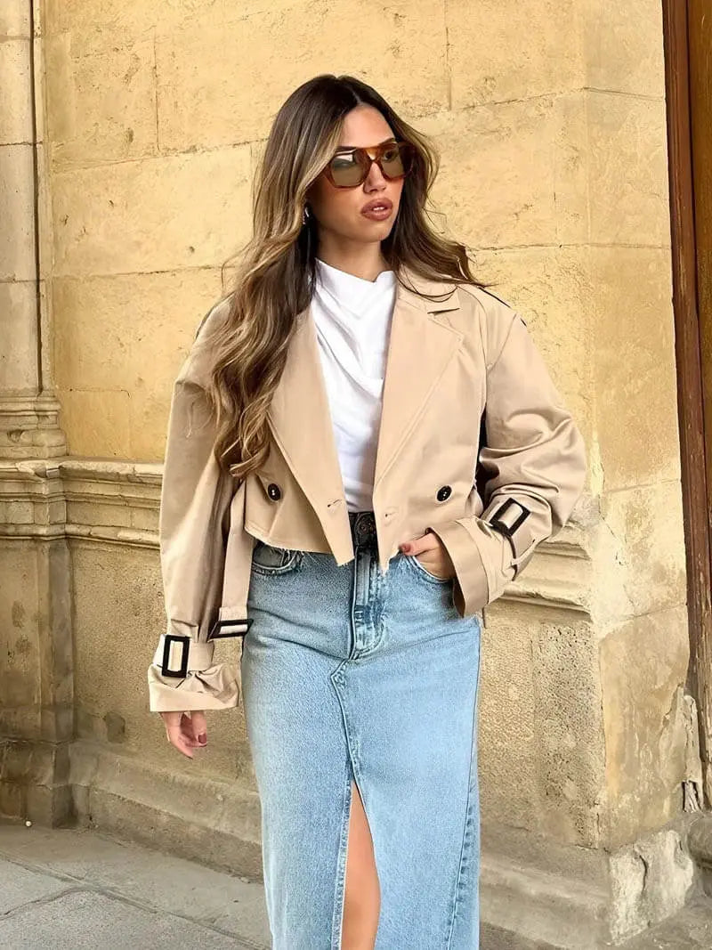 Modern Cropped Trench Coat in Beige