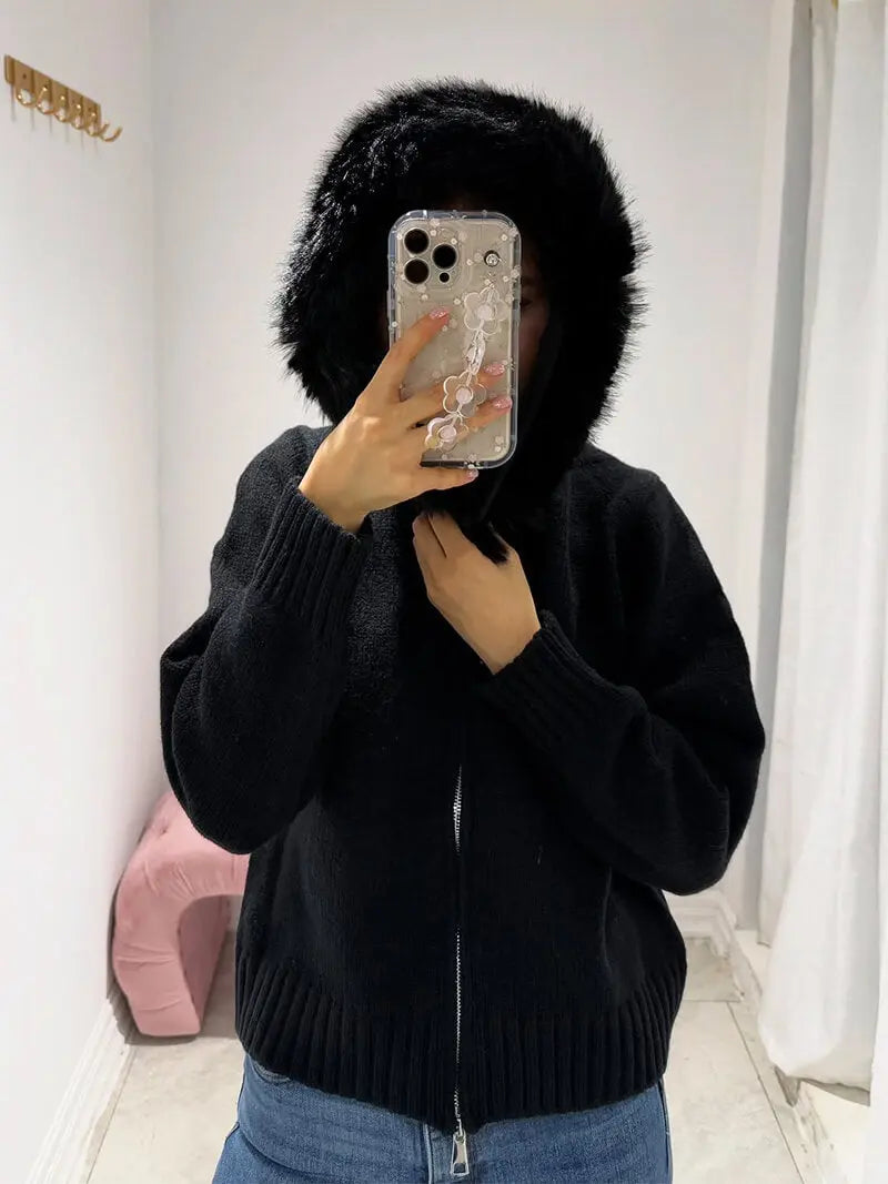 Knitted Hooded Jacket with Faux Fur Trim