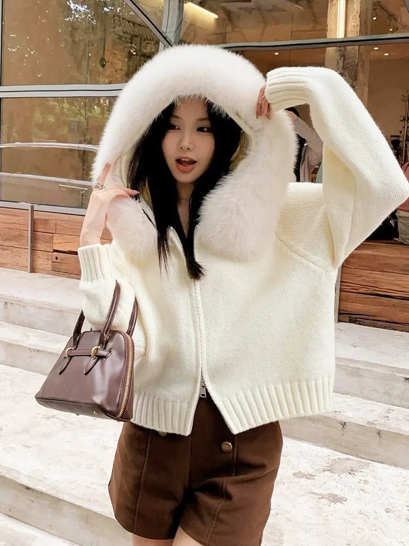 Knitted Hooded Jacket with Faux Fur Trim