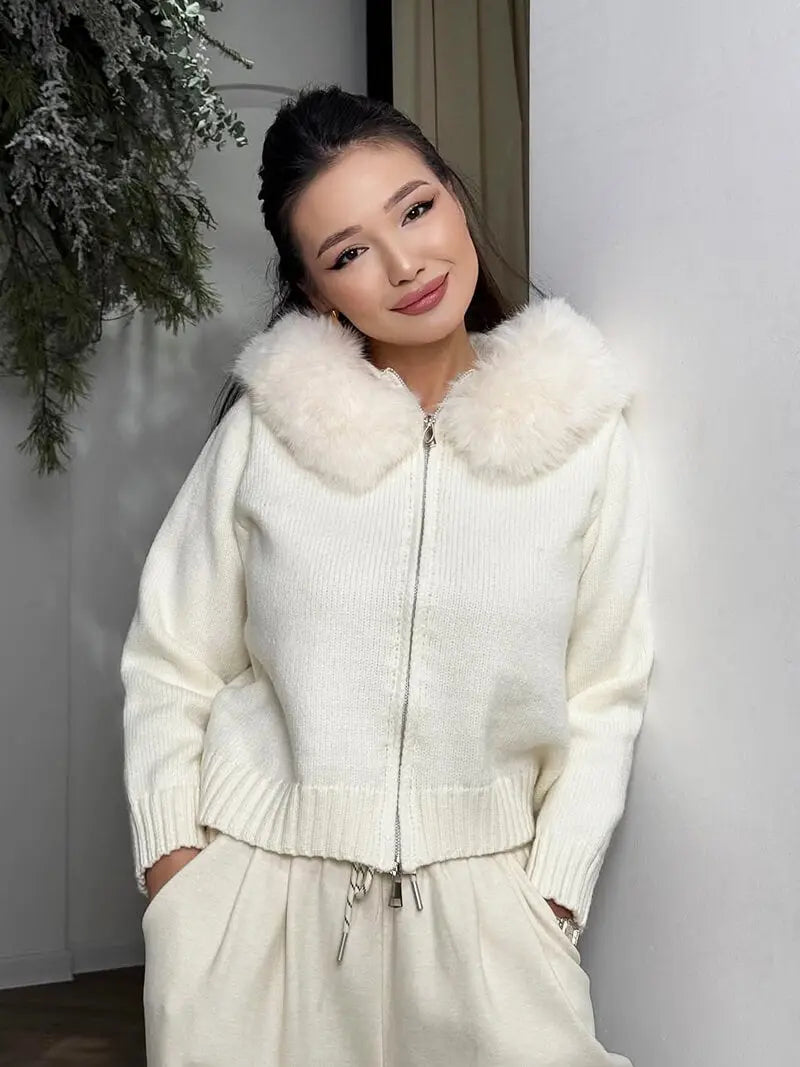 Knitted Hooded Jacket with Faux Fur Trim