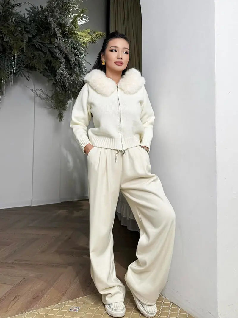 Knitted Hooded Jacket with Faux Fur Trim