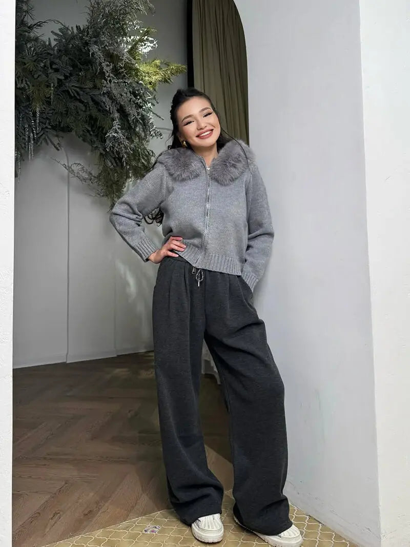 Knitted Hooded Jacket with Faux Fur Trim