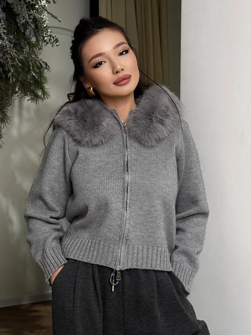 Knitted Hooded Jacket with Faux Fur Trim