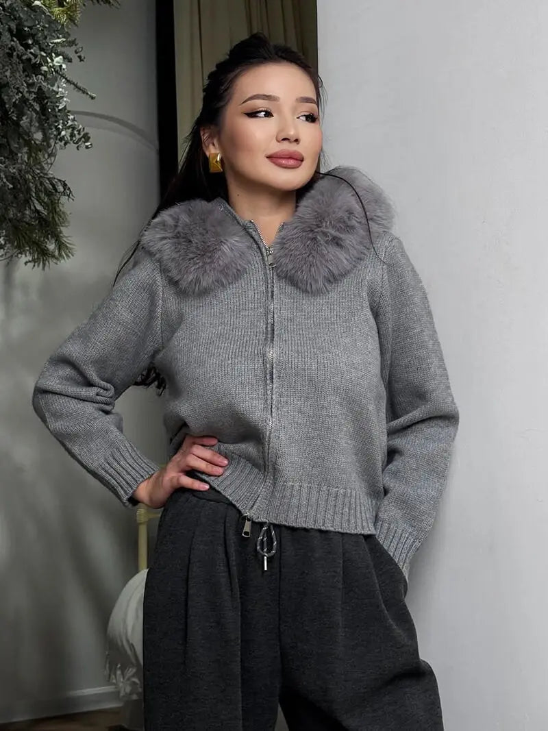 Knitted Hooded Jacket with Faux Fur Trim