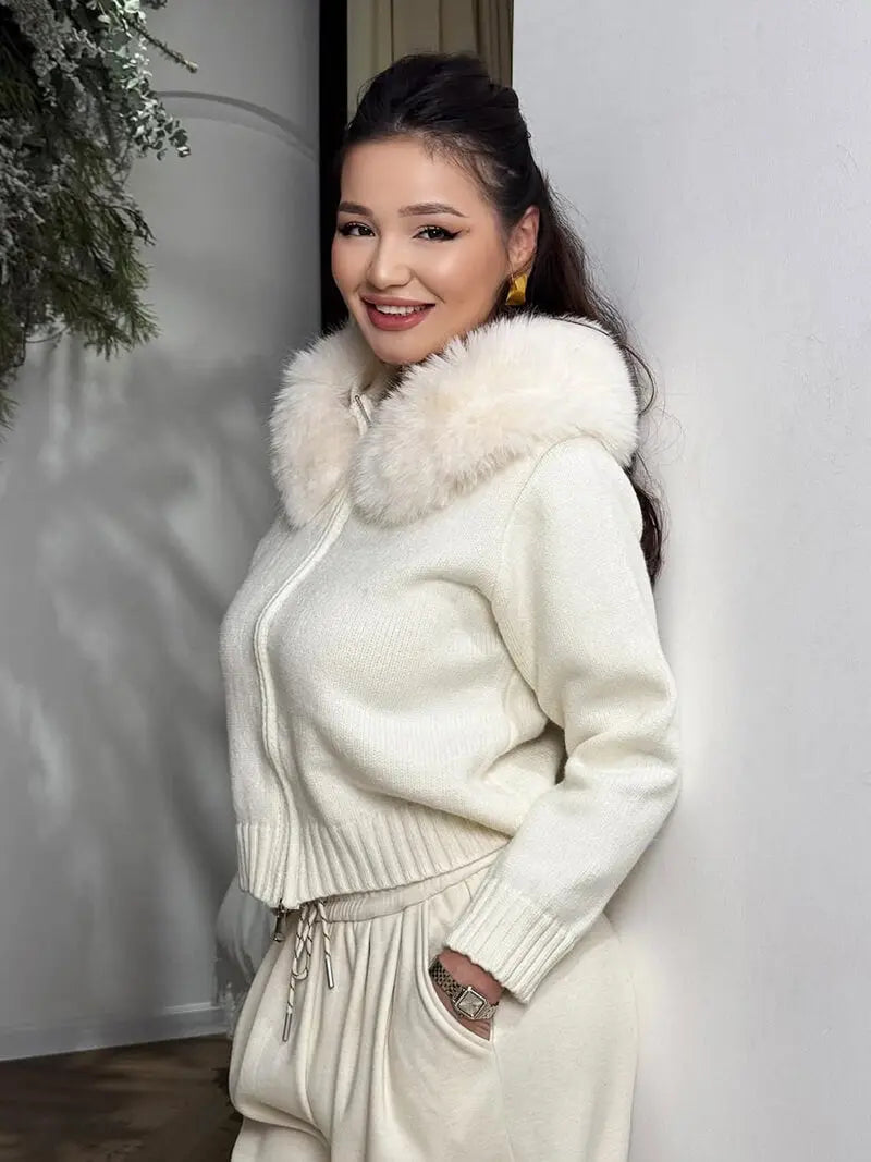 Knitted Hooded Jacket with Faux Fur Trim
