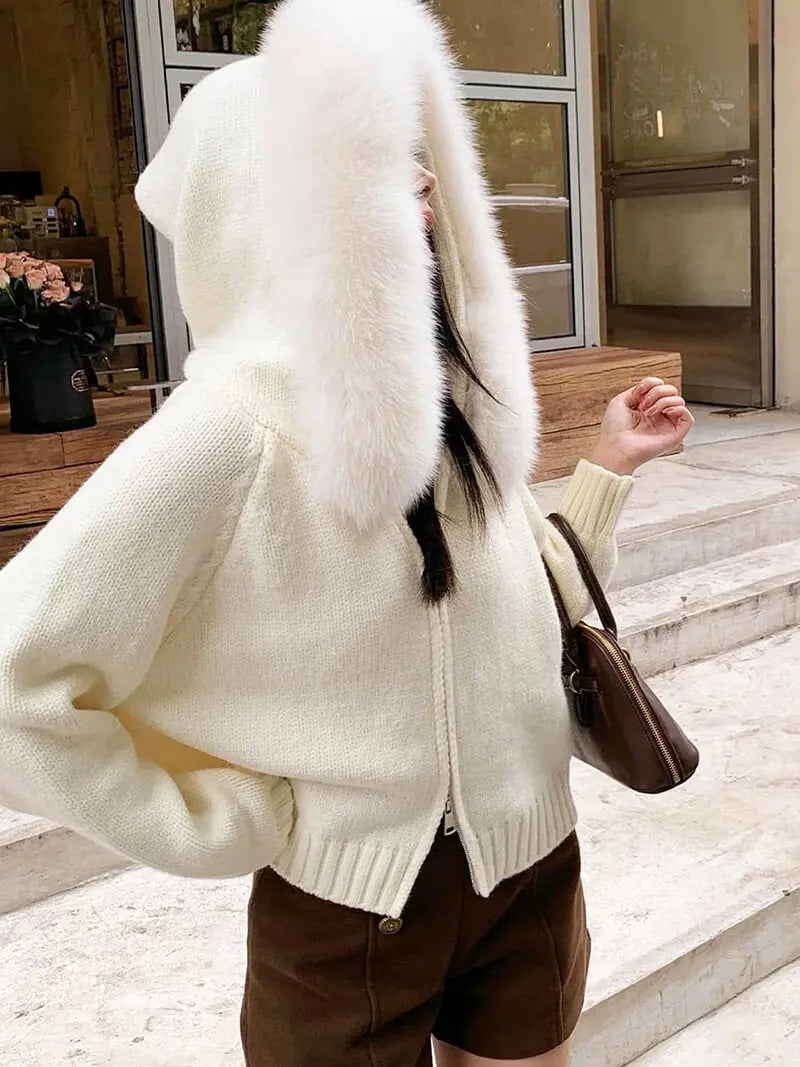 Knitted Hooded Jacket with Faux Fur Trim