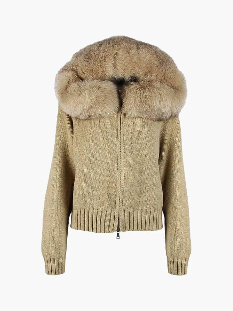 Knitted Hooded Jacket with Faux Fur Trim