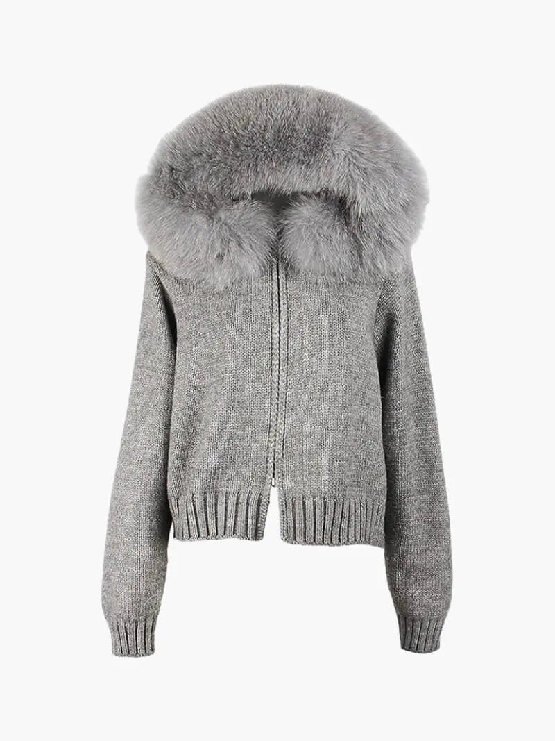Knitted Hooded Jacket with Faux Fur Trim