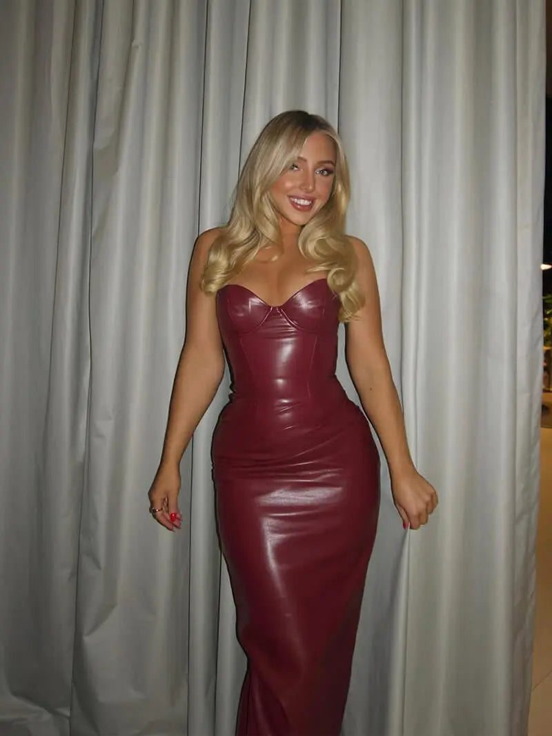 Strapless Faux Leather Midi Dress