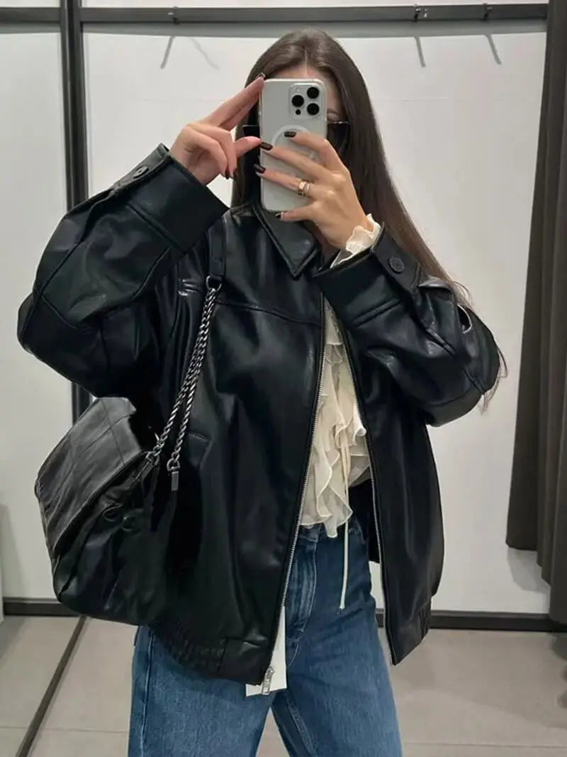 Classic Faux Leather Zip-Up Jacket