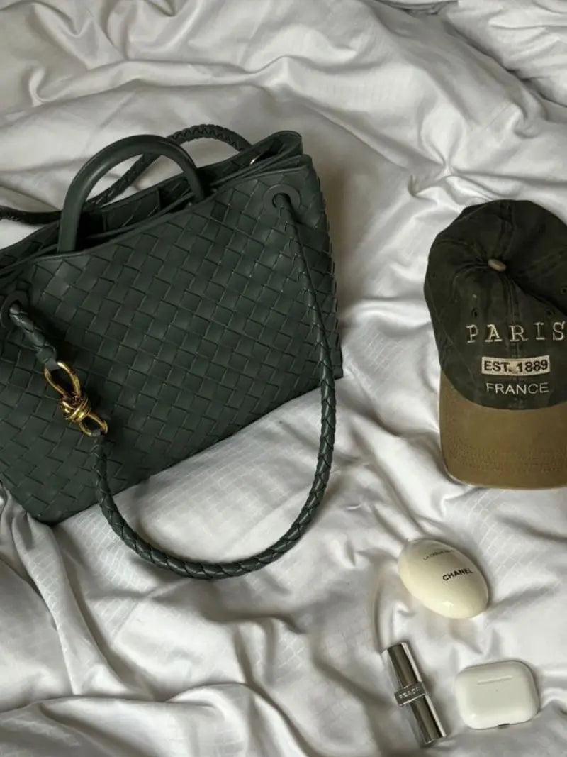 Black Woven Mini Tote Bag with Gold Accent